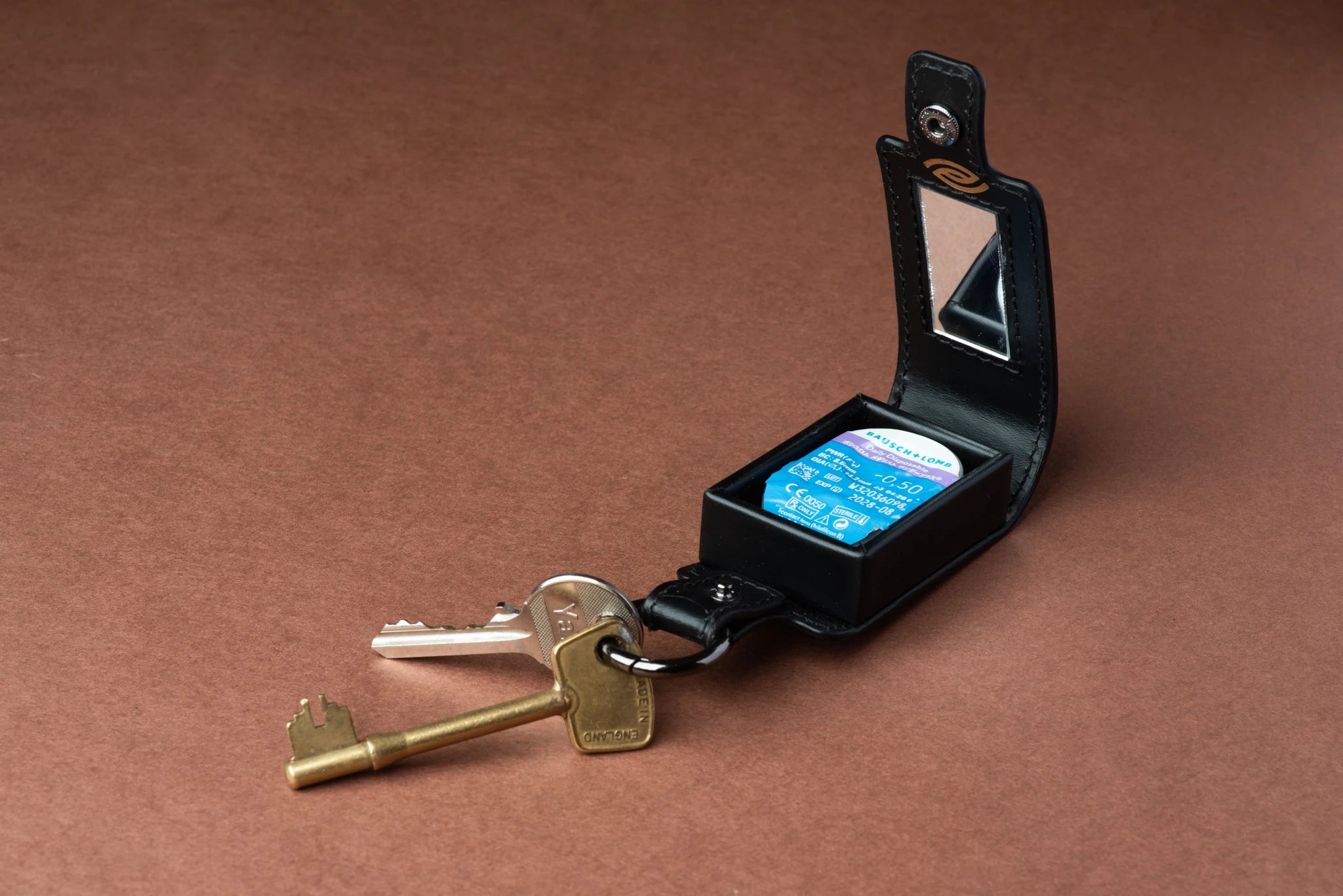Luxury Black Leather Contact Lens Case Key Ring